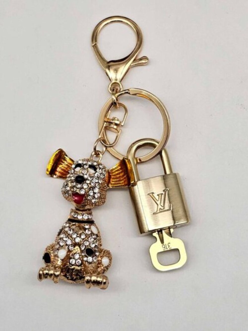 Authentic LV Gold Padlock & Key 🔑 Designer Bag Charm w/ Unbranded Dog Keychain